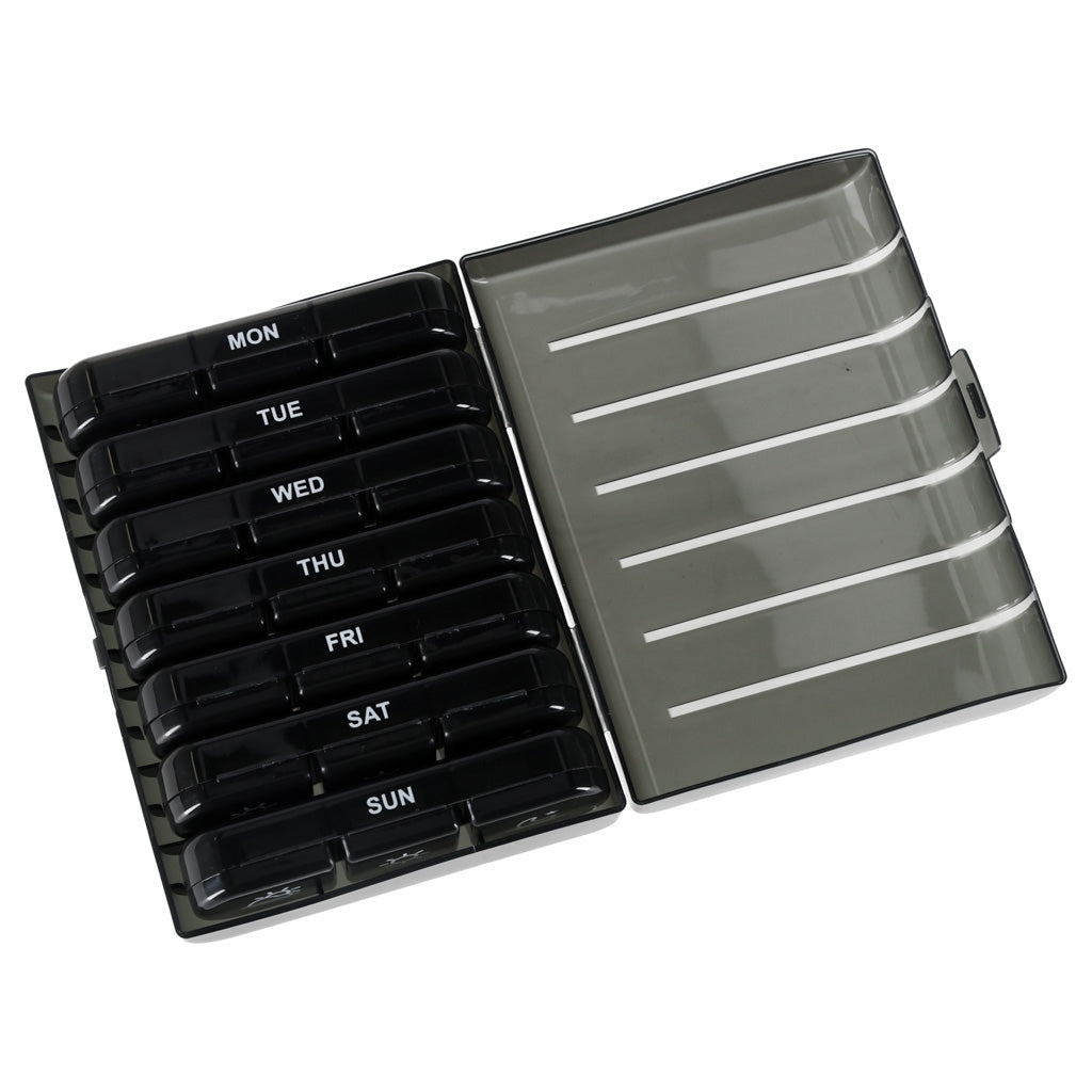 Weekly Pill Organizer, Black, 7-Day Removable Compartments