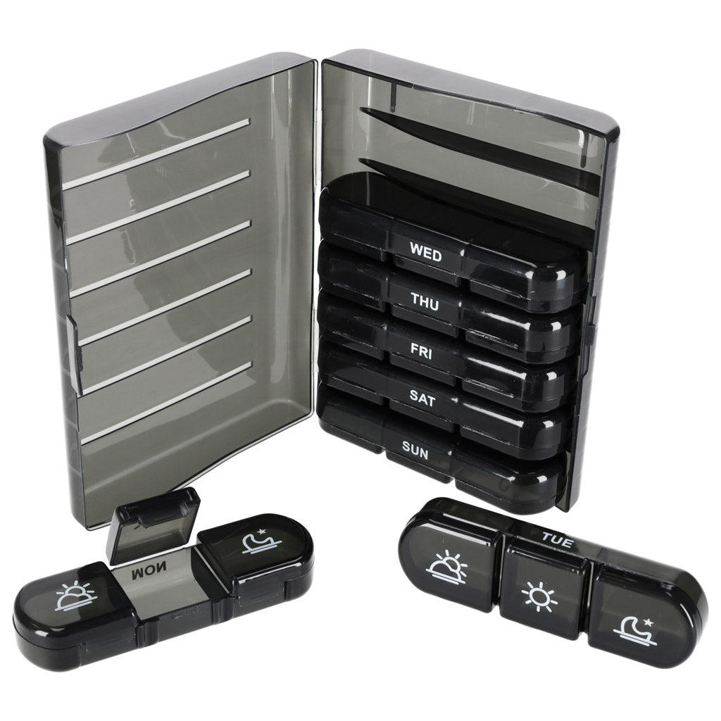 Weekly Pill Organizer, Black, 7-Day Removable Compartments