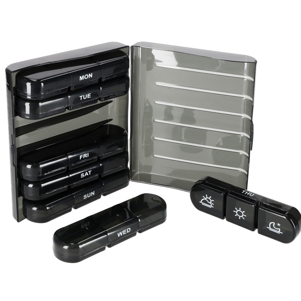 Weekly Pill Organizer, Black, 7-Day Removable Compartments