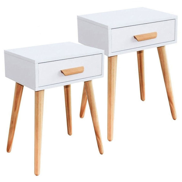 White Bedside Tables Set of 2 with Pine Wood Legs