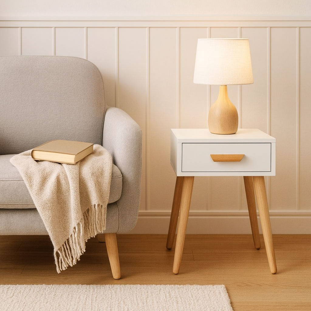 White Bedside Tables Set of 2 with Pine Wood Legs