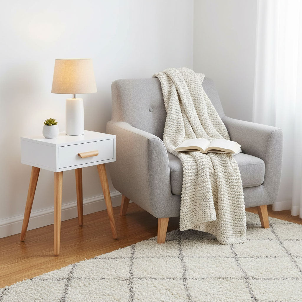 White Bedside Tables Set of 2 with Pine Wood Legs