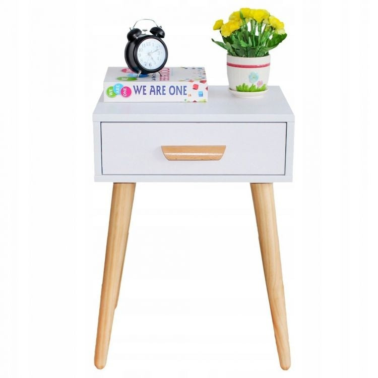 White Bedside Tables Set of 2 with Pine Wood Legs