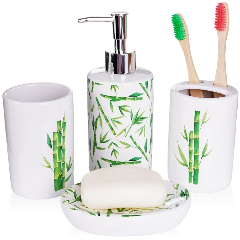 White Ceramic Bathroom Set with Bamboo Motif