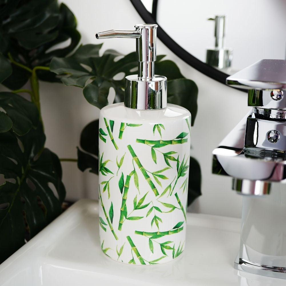 White Ceramic Bathroom Set with Bamboo Motif