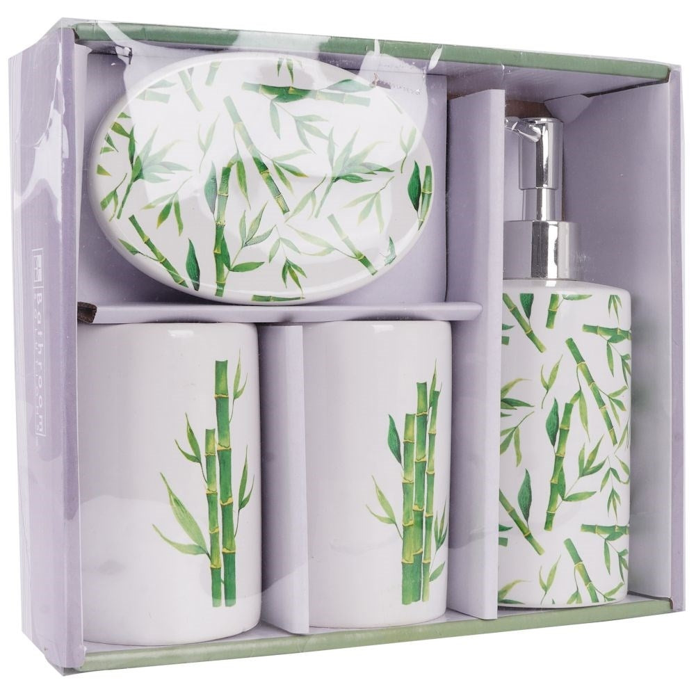 White Ceramic Bathroom Set with Bamboo Motif