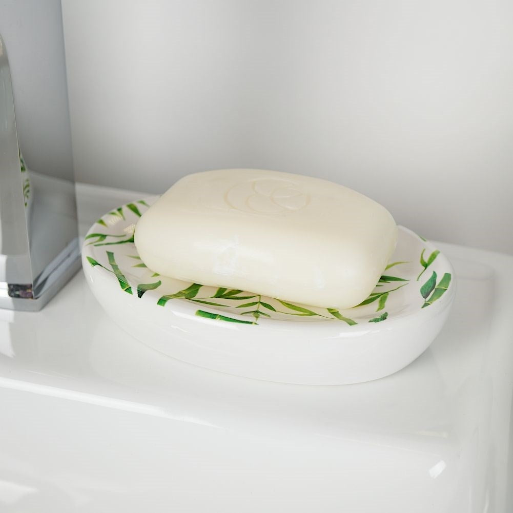White Ceramic Bathroom Set with Bamboo Motif