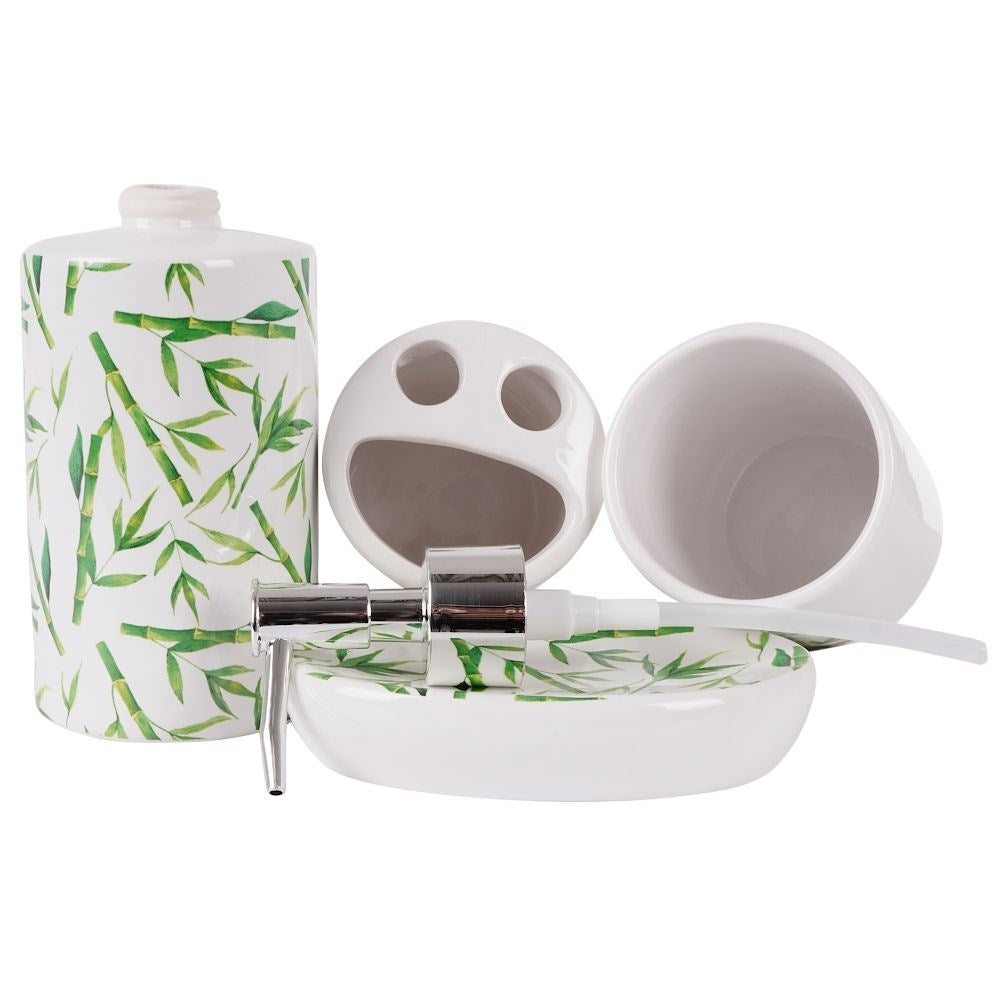 White Ceramic Bathroom Set with Bamboo Motif