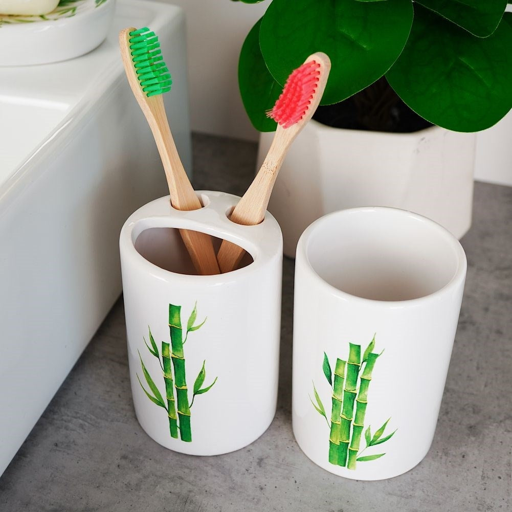White Ceramic Bathroom Set with Bamboo Motif