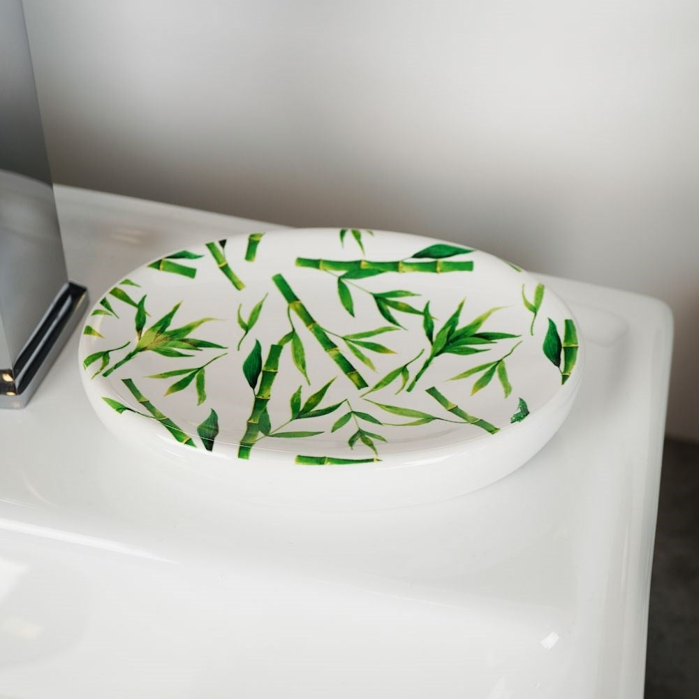 White Ceramic Bathroom Set with Bamboo Motif
