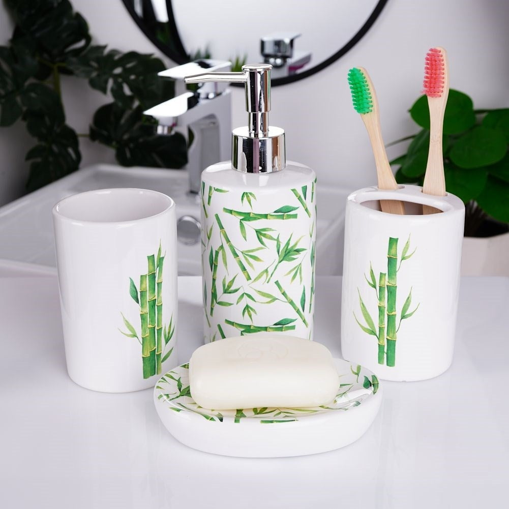 White Ceramic Bathroom Set with Bamboo Motif