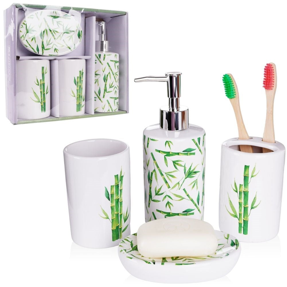 White Ceramic Bathroom Set with Bamboo Motif