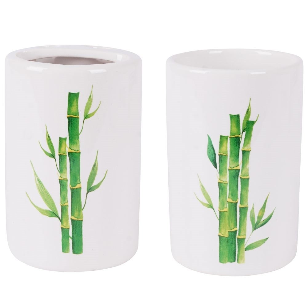 White Ceramic Bathroom Set with Bamboo Motif