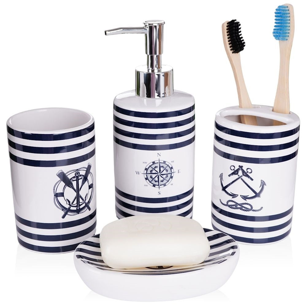 White Ceramic Bathroom Set with Nautical Motif