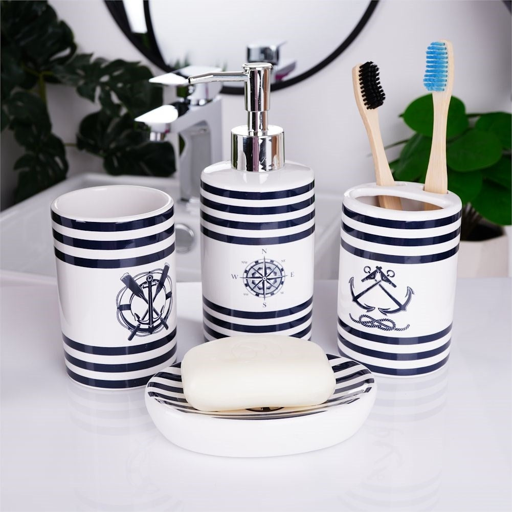 White Ceramic Bathroom Set with Nautical Motif