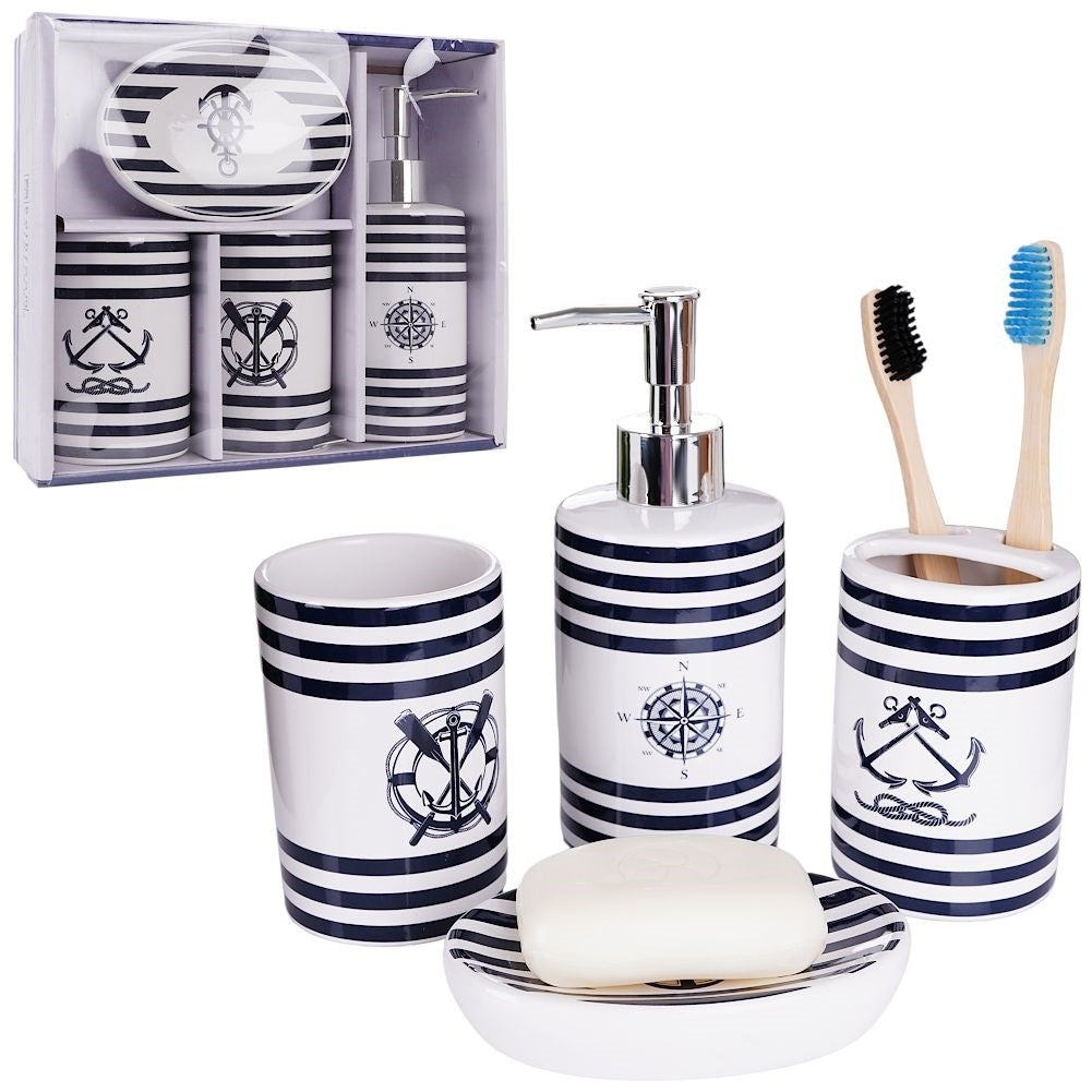 White Ceramic Bathroom Set with Nautical Motif