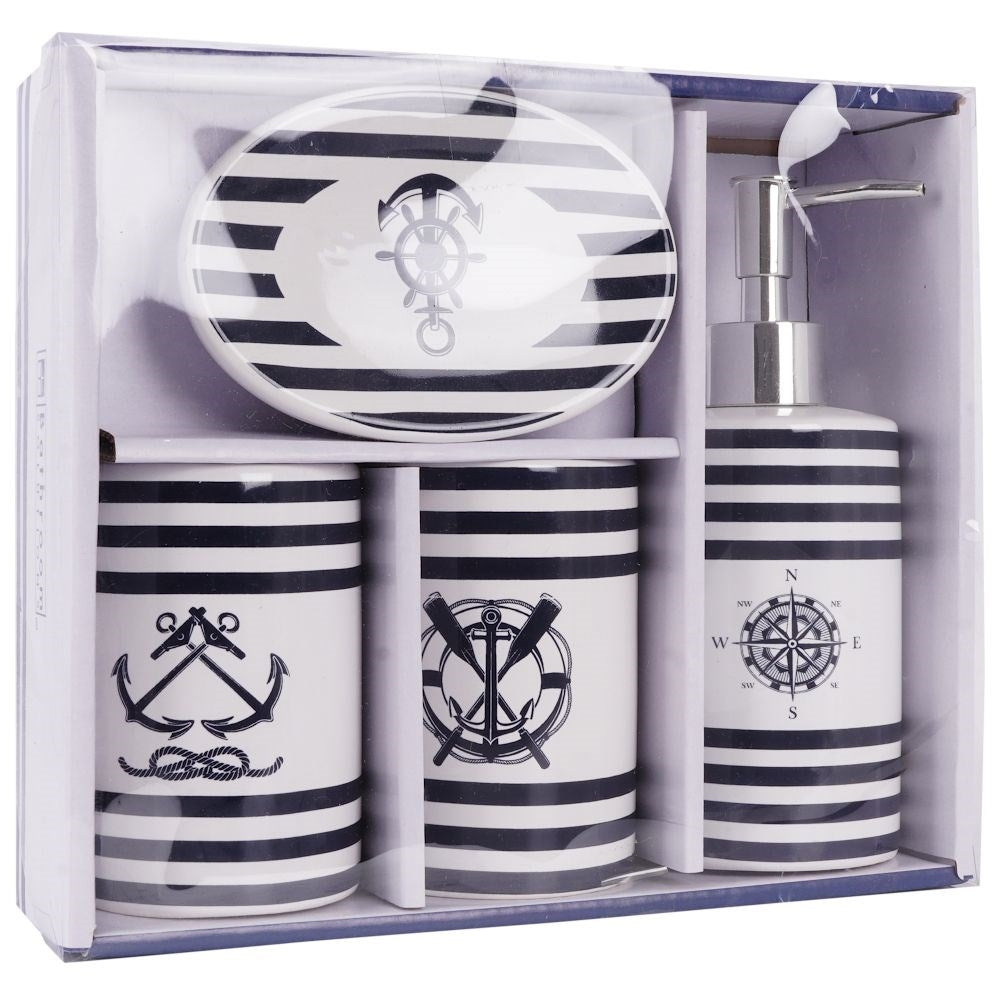 White Ceramic Bathroom Set with Nautical Motif