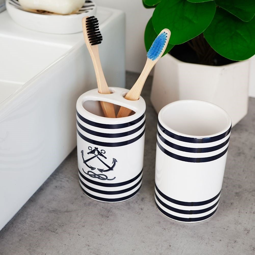 White Ceramic Bathroom Set with Nautical Motif