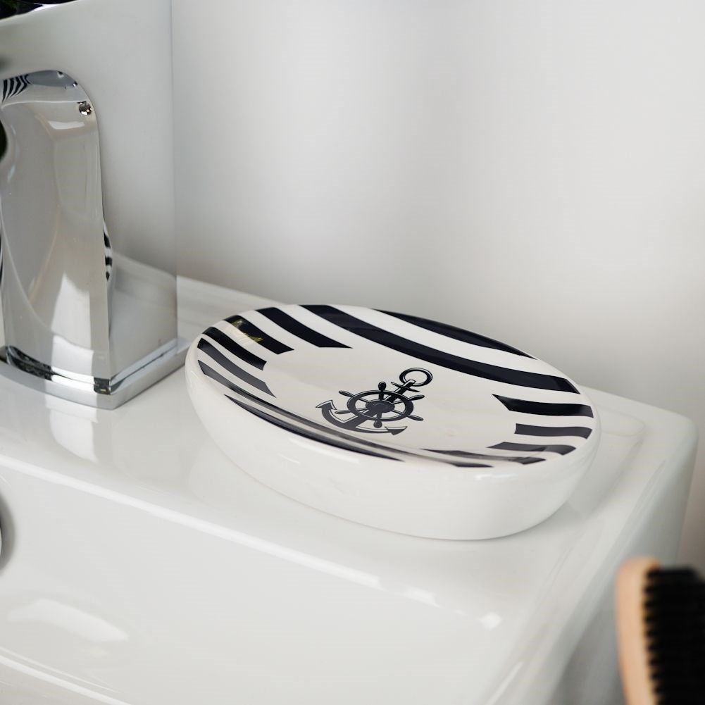 White Ceramic Bathroom Set with Nautical Motif