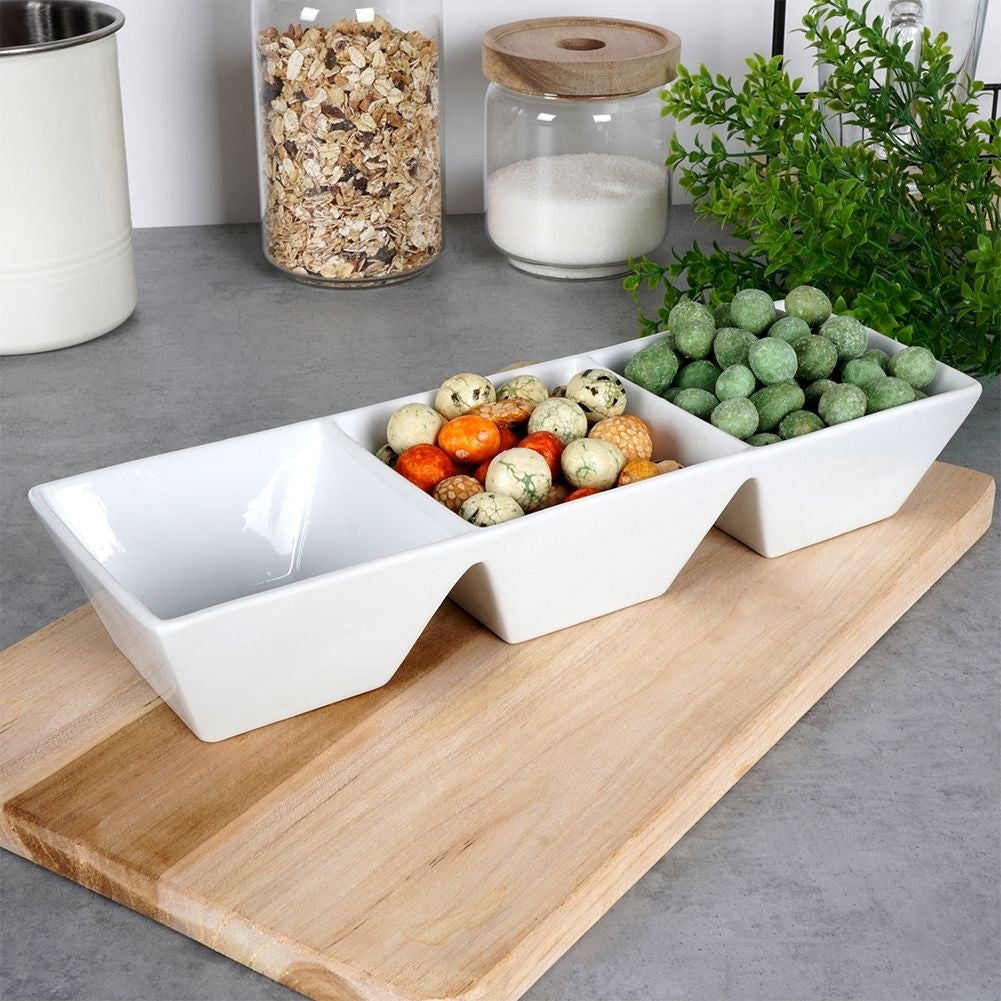 White Ceramic Bowl with Three Sections for Snacks