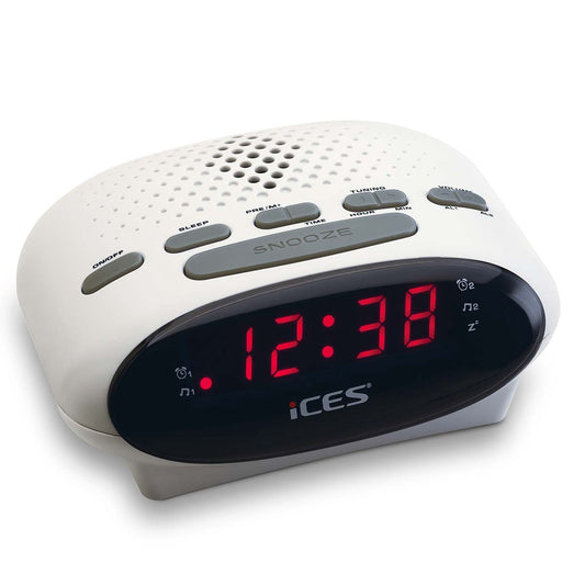 White FM Clock Radio with Dual Alarms and Snooze Function