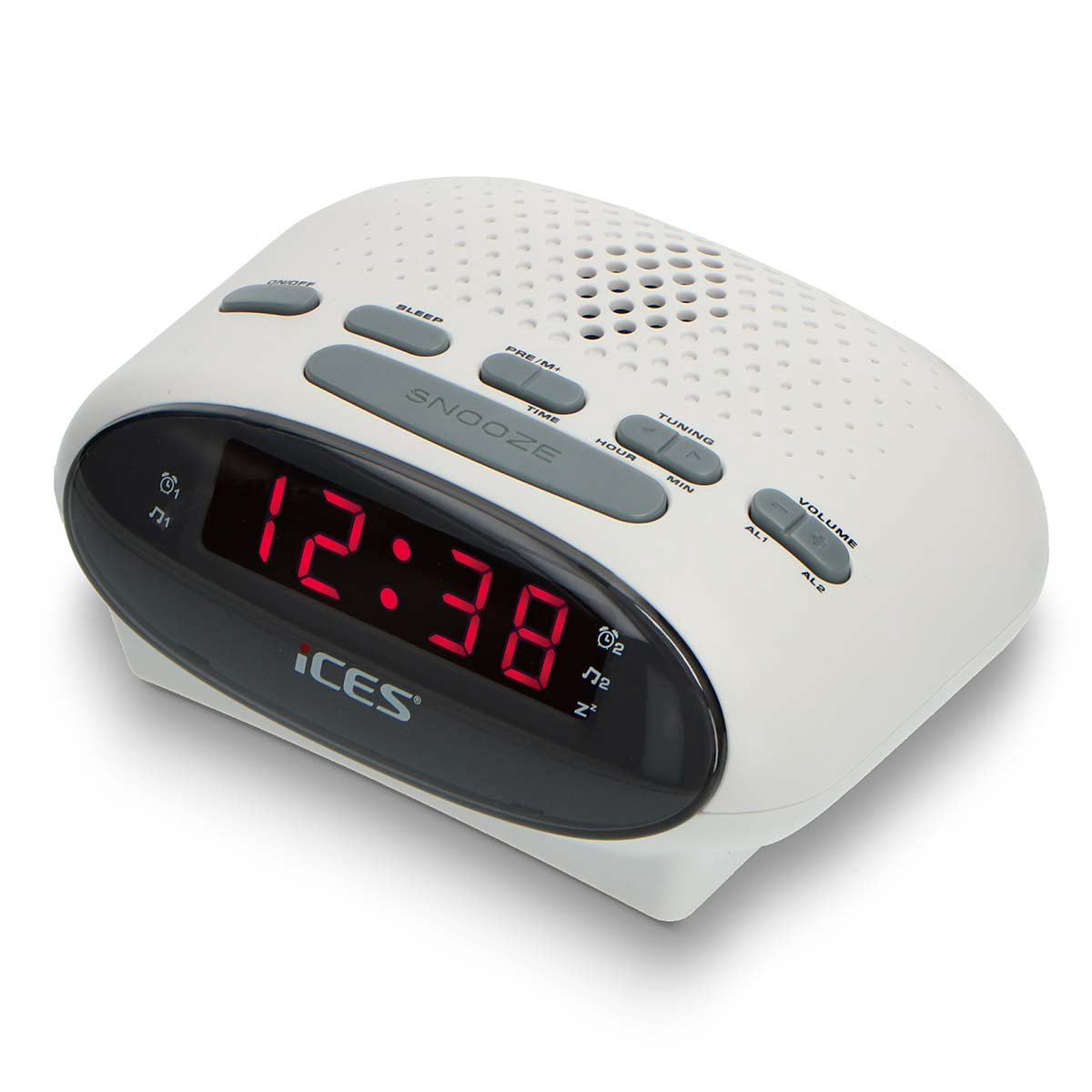 White FM Clock Radio with Dual Alarms and Snooze Function