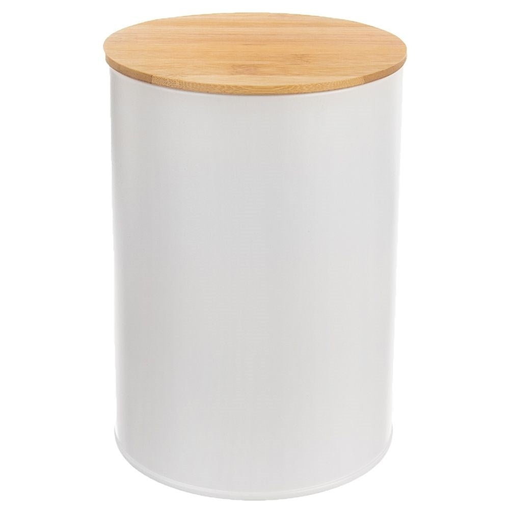White Metal Container with Bamboo Lid for Food Storage