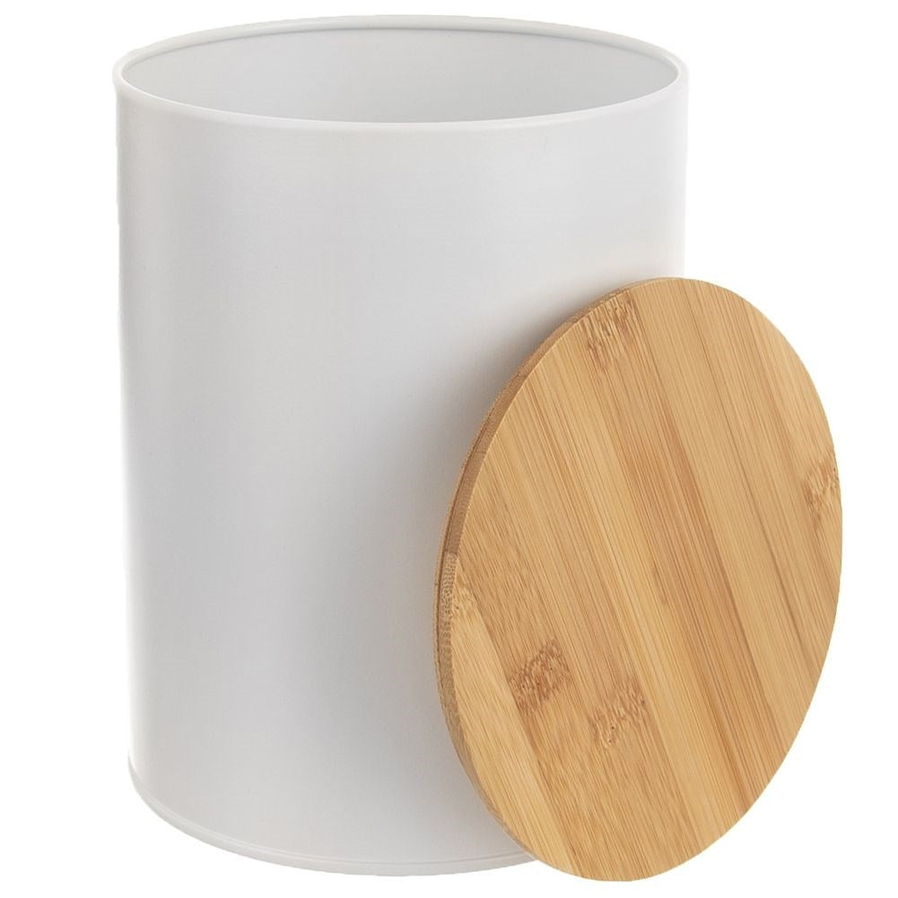 White Metal Container with Bamboo Lid for Food Storage