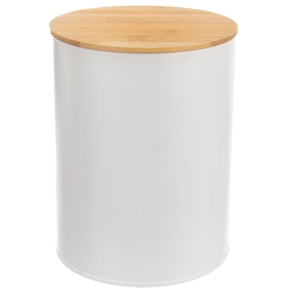 White Metal Container with Bamboo Lid for Food Storage