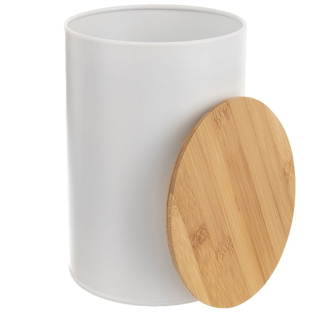 White Metal Container with Bamboo Lid for Food Storage