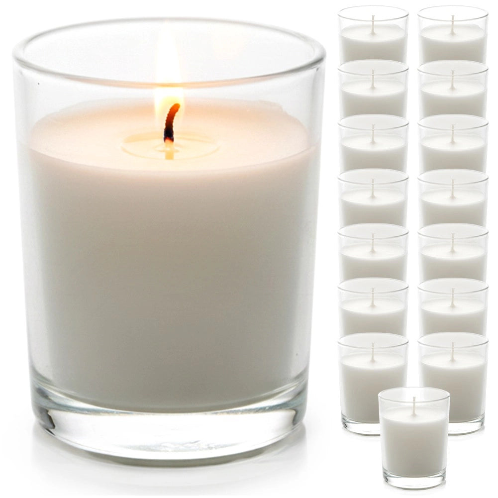 White Paraffin Wax Candles in Glass, Set of 16