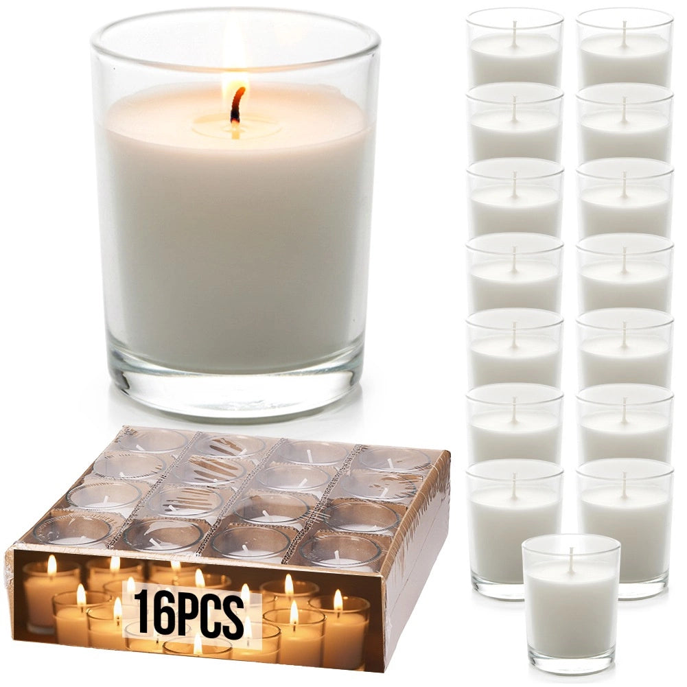 White Paraffin Wax Candles in Glass, Set of 16