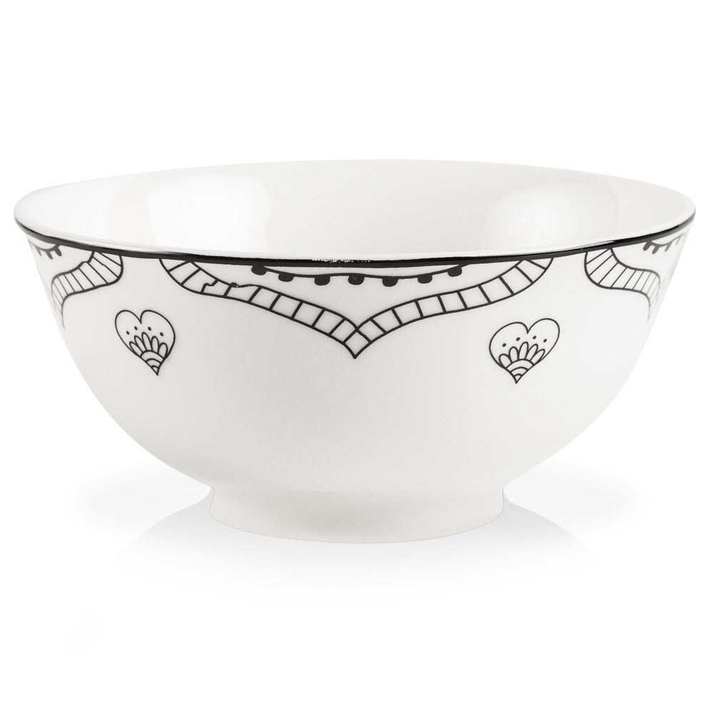 White Porcelain Bowl with Elegant Black Decor - 600 ml