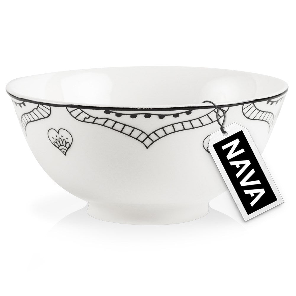 White Porcelain Bowl with Elegant Black Decor - 600 ml