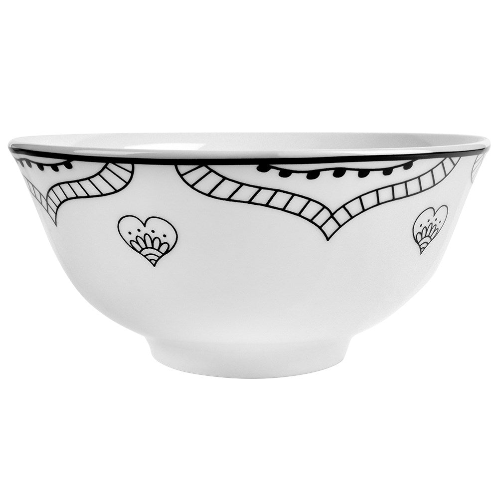 White Porcelain Bowl with Elegant Black Decor - 600 ml