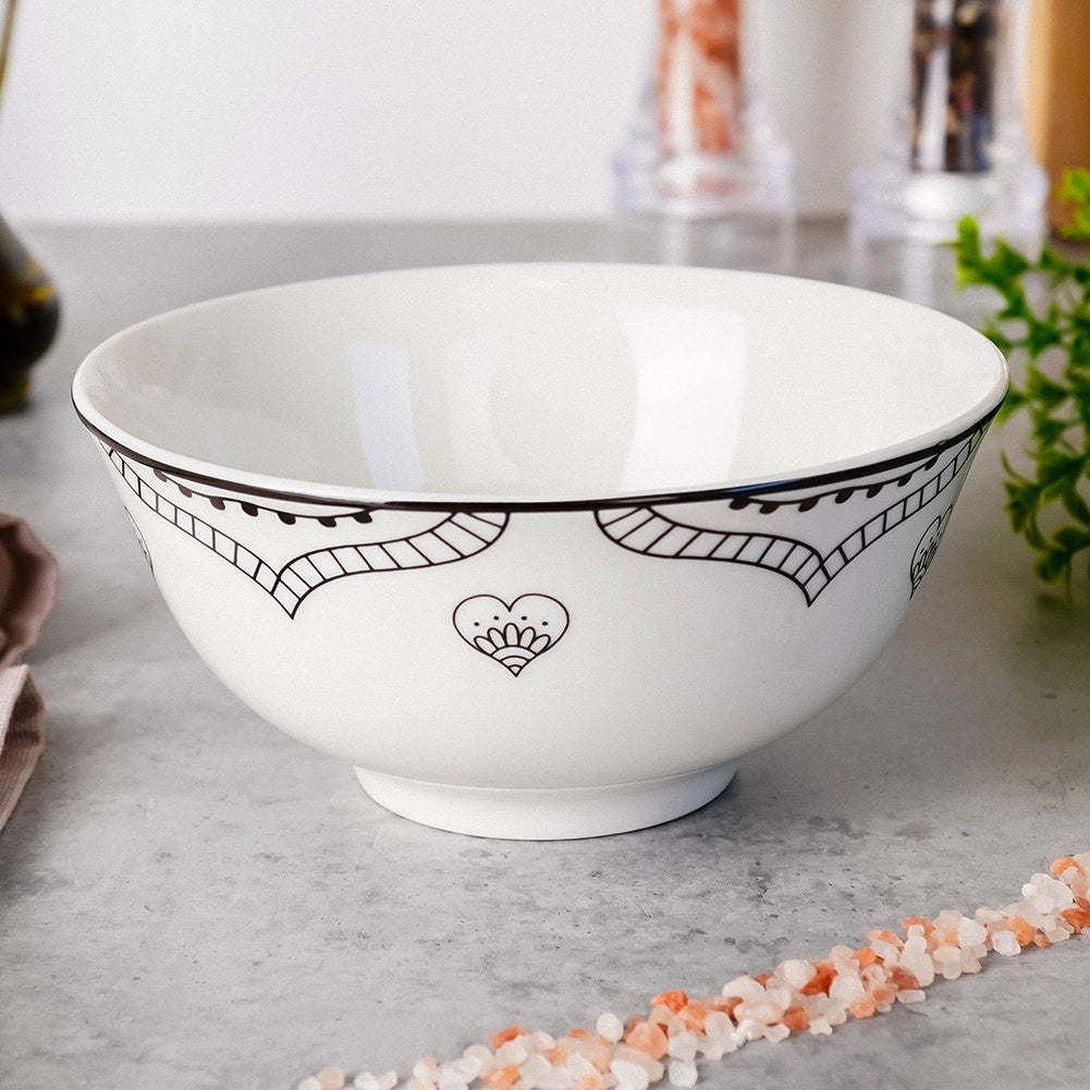 White Porcelain Bowl with Elegant Black Decor - 600 ml