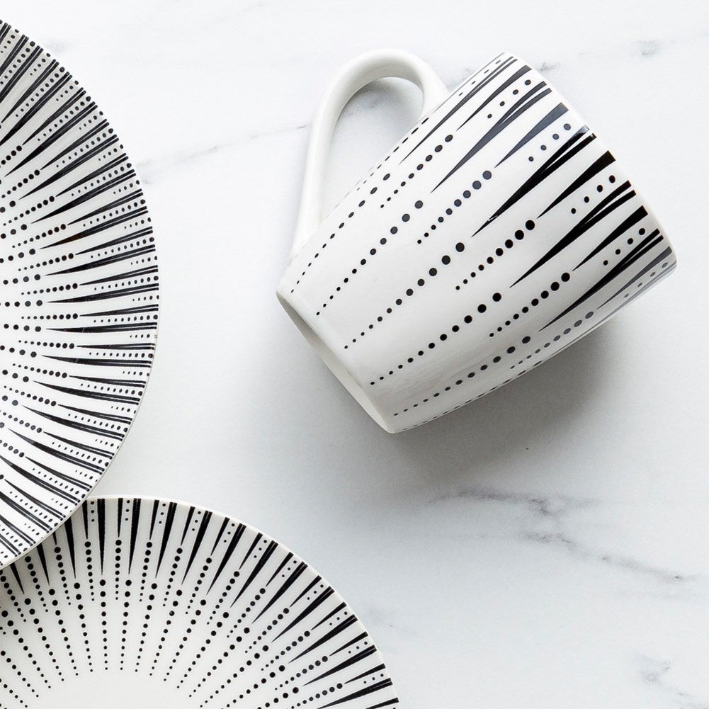 White Porcelain Mug with Black Decor - Dishwasher and Microwave Safe