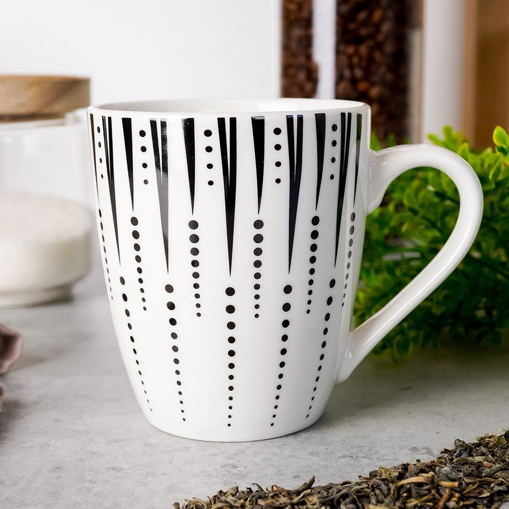 White Porcelain Mug with Black Decor - Dishwasher and Microwave Safe