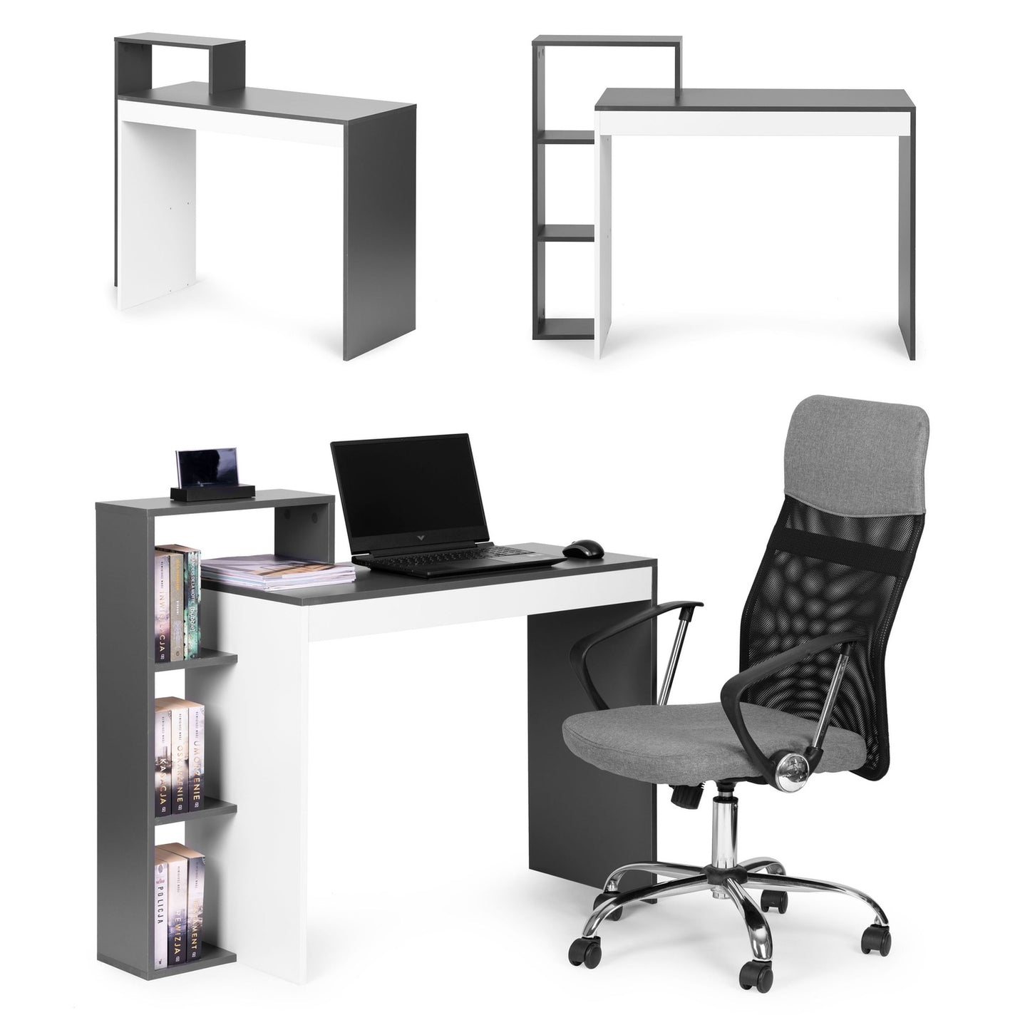 White and gray office computer desk, table + bookcase with 4 shelves