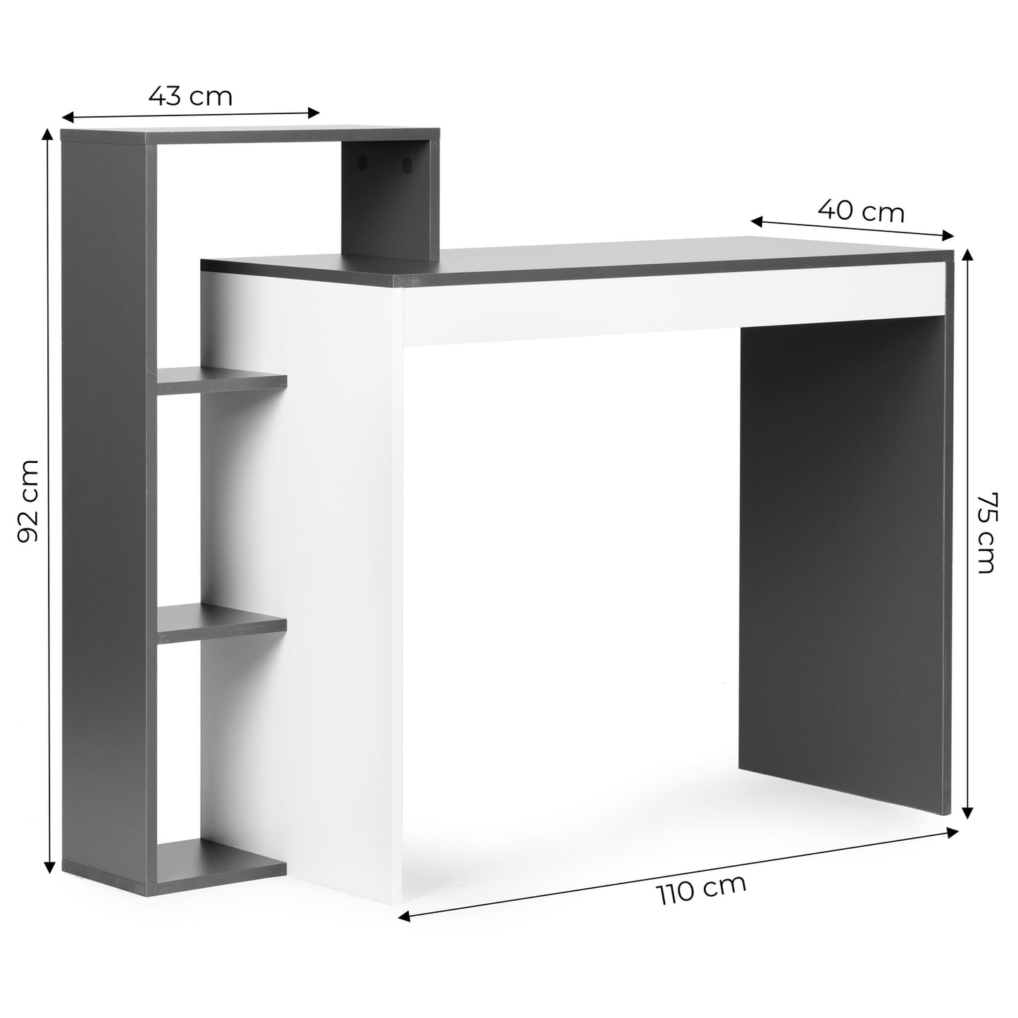 White and gray office computer desk, table + bookcase with 4 shelves