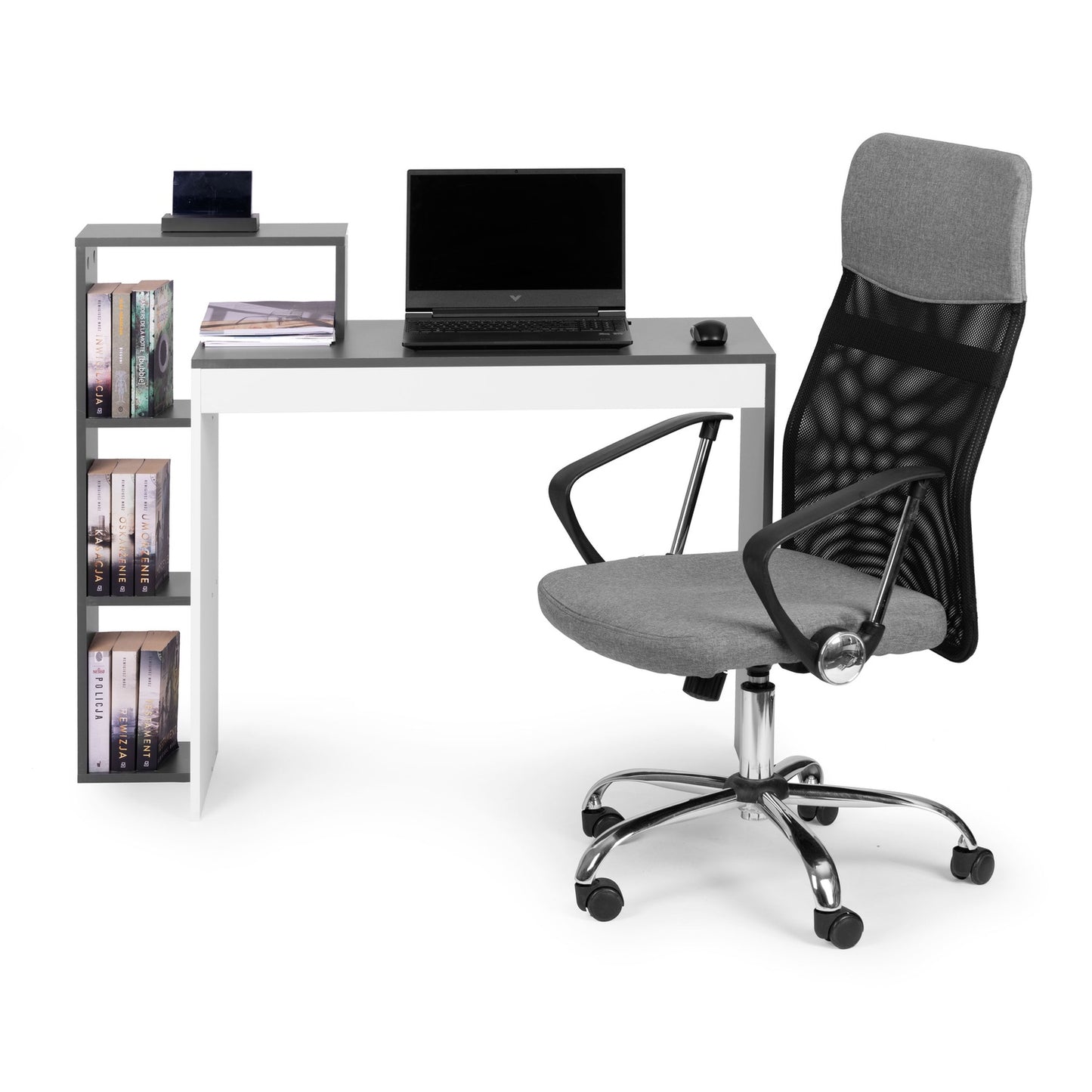 White and gray office computer desk, table + bookcase with 4 shelves
