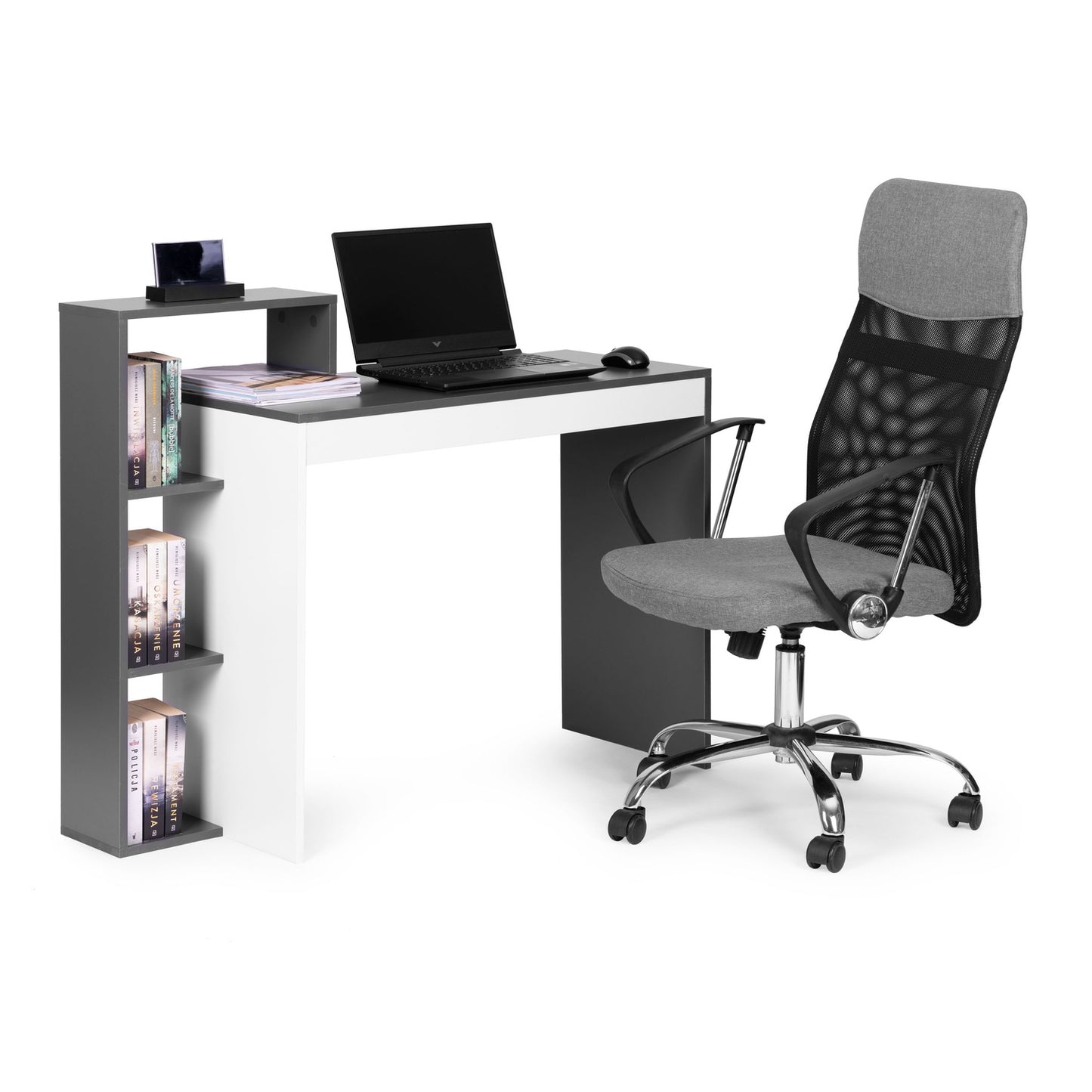 White and gray office computer desk, table + bookcase with 4 shelves