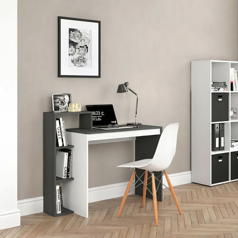 White and gray office computer desk, table + bookcase with 4 shelves