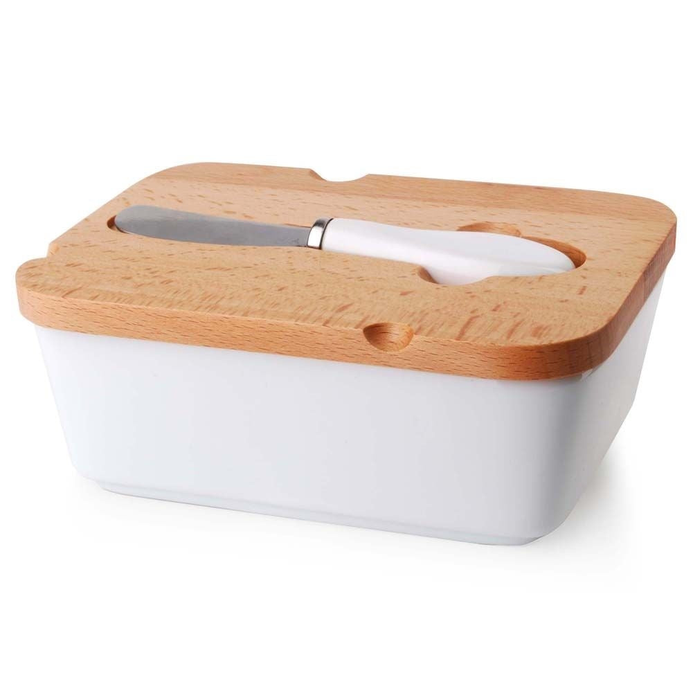 White butter changer with bamboo lid and knife for refrigerator