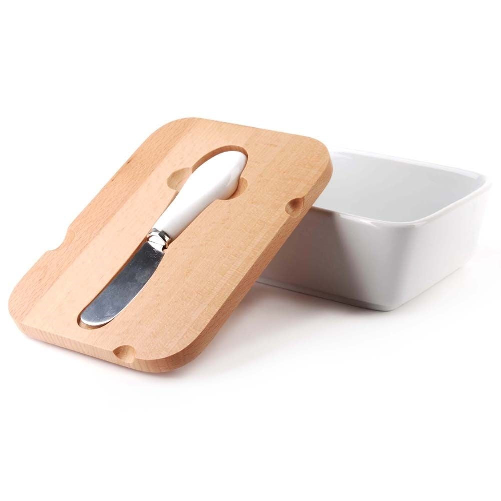 White butter changer with bamboo lid and knife for refrigerator