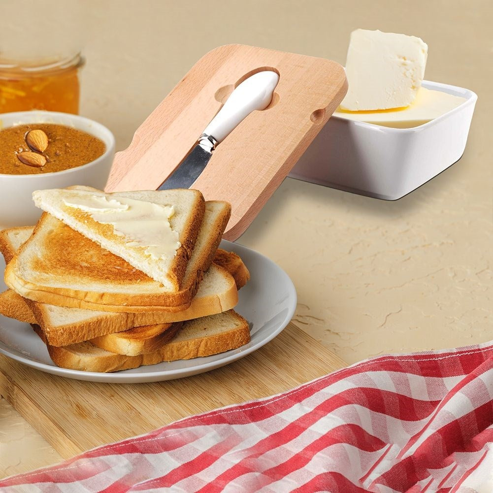 White butter changer with bamboo lid and knife for refrigerator