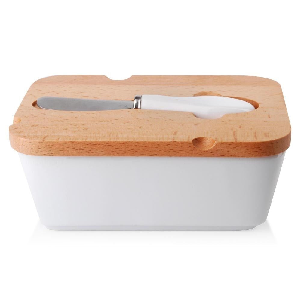 White butter changer with bamboo lid and knife for refrigerator