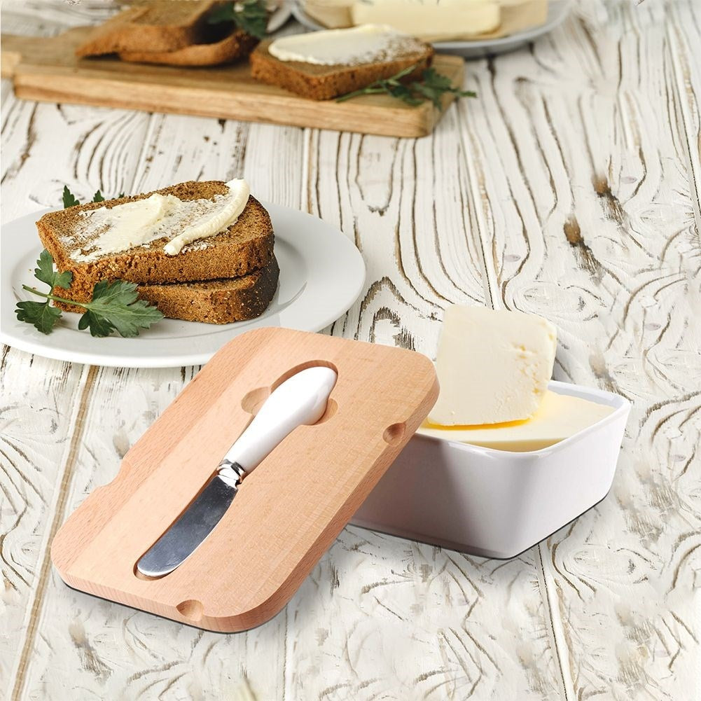 White butter changer with bamboo lid and knife for refrigerator