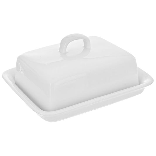 White ceramic butter bowl with lid and handle for serving