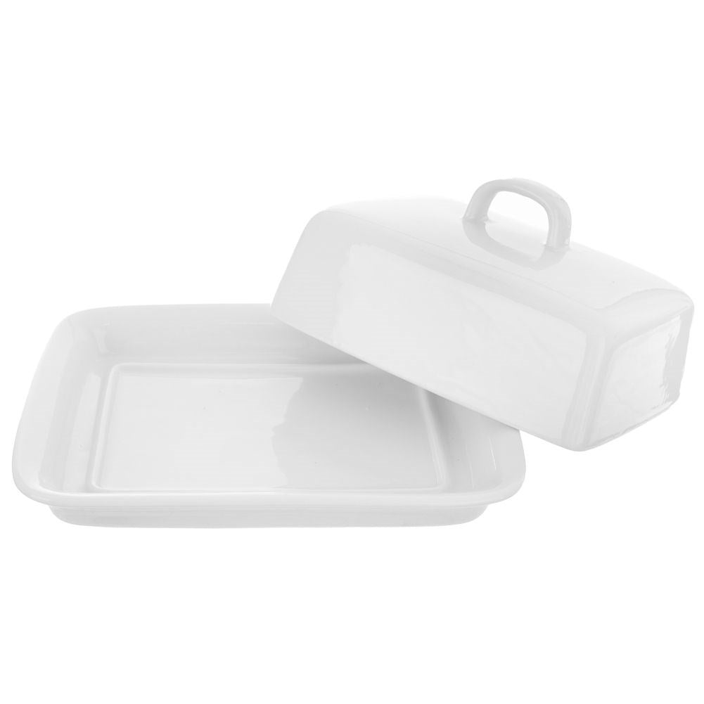 White ceramic butter bowl with lid and handle for serving
